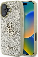 Apple iPhone 16 (6.1) Kılıf Guess Orjinal Lisanslı 4G Büyük Metal Logolu Glitter Kapak - Gold