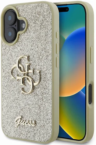 Apple iPhone 16 (6.1) Kılıf Guess Orjinal Lisanslı 4G Büyük Metal Logolu Glitter Kapak - Gold