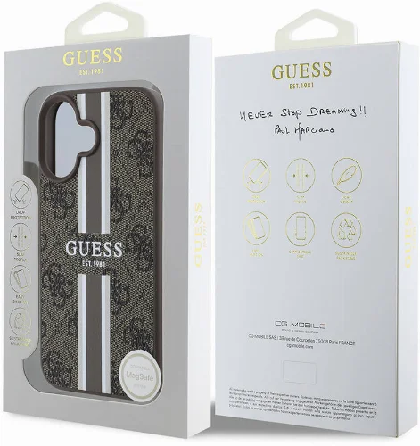 Apple iPhone 16 (6.1) Kılıf Guess Orjinal Lisanslı Magsafe Şarj Özellikli 4G Şerit Tasarımlı Printed Kapak - Kahverengi