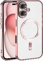 Apple iPhone 16 (6.1) Kılıf Kamera Korumalı Şeffaf Magsafe Wireless Şarj Özellikli Demre Kapak - Rose Gold