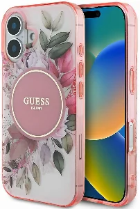 Apple iPhone 16 Plus Guess Orjinal Lisanslı Magsafe Şarj Özellikli IML Baskılı Yazı Logolu Flower Tonal Circle Kapak - Pembe