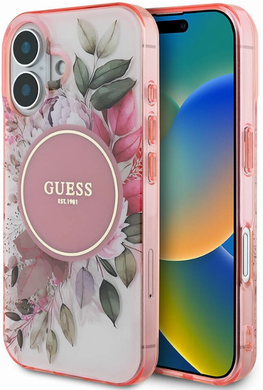 Apple iPhone 16 Plus Guess Orjinal Lisanslı Magsafe Şarj Özellikli IML Baskılı Yazı Logolu Flower Tonal Circle Kapak - Pembe