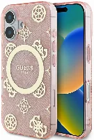 Apple iPhone 16 Plus (6.7) Kılıf Guess Orjinal Lisanslı Magsafe Şarj Özellikli 4G Desenli IML Yazı Logolu Peony Kapak - Pembe