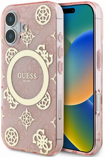 Apple iPhone 16 Plus (6.7) Kılıf Guess Orjinal Lisanslı Magsafe Şarj Özellikli 4G Desenli IML Yazı Logolu Peony Kapak - Pembe