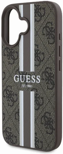 Apple iPhone 16 Plus (6.7) Kılıf Guess Orjinal Lisanslı Magsafe Şarj Özellikli 4G Şerit Tasarımlı Printed Kapak - Kahverengi