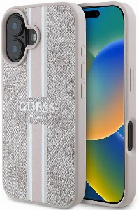 Apple iPhone 16 Plus (6.7) Kılıf Guess Orjinal Lisanslı Magsafe Şarj Özellikli 4G Şerit Tasarımlı Printed Kapak - Pembe