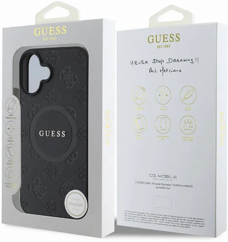 Apple iPhone 16 Plus (6.7) Kılıf Guess Orjinal Lisanslı Magsafe Şarj Özellikli Yazı Logolu Saffiano Peony Kapak - Siyah