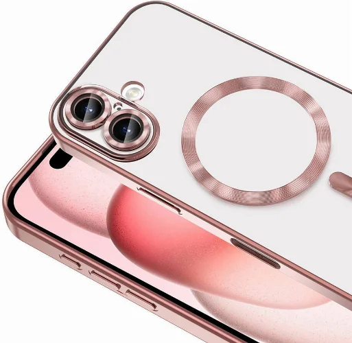 Apple iPhone 16 Plus (6.7) Kılıf Kamera Korumalı Şeffaf Magsafe Wireless Şarj Özellikli Demre Kapak - Rose Gold