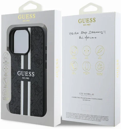 Apple iPhone 16 Pro (6.3) Kılıf Guess Orjinal Lisanslı Magsafe Şarj Özellikli 4G Şerit Tasarımlı Printed Kapak - Siyah