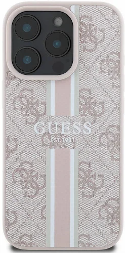 Apple iPhone 16 Pro (6.3) Kılıf Guess Orjinal Lisanslı Magsafe Şarj Özellikli 4G Şerit Tasarımlı Printed Kapak - Pembe