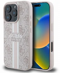 Apple iPhone 16 Pro (6.3) Kılıf Guess Orjinal Lisanslı Magsafe Şarj Özellikli 4G Şerit Tasarımlı Printed Kapak - Pembe