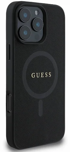 Apple iPhone 16 Pro (6.3) Kılıf Guess Orjinal Lisanslı Magsafe Şarj Özellikli Yazı Logolu Saffiano Classic Kapak - Siyah