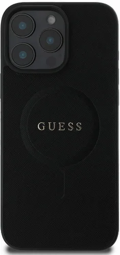 Apple iPhone 16 Pro (6.3) Kılıf Guess Orjinal Lisanslı Magsafe Şarj Özellikli Yazı Logolu Saffiano Classic Kapak - Siyah