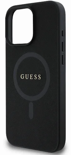 Apple iPhone 16 Pro (6.3) Kılıf Guess Orjinal Lisanslı Magsafe Şarj Özellikli Yazı Logolu Saffiano Classic Kapak - Siyah