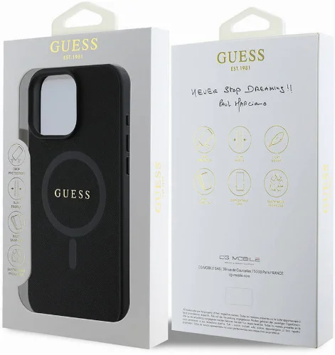 Apple iPhone 16 Pro (6.3) Kılıf Guess Orjinal Lisanslı Magsafe Şarj Özellikli Yazı Logolu Saffiano Classic Kapak - Siyah