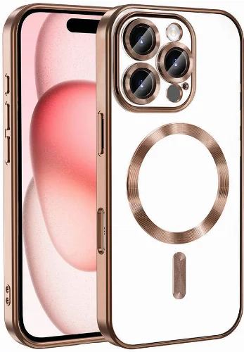 Apple iPhone 16 Pro (6.3) Kılıf Kamera Korumalı Şeffaf Magsafe Wireless Şarj Özellikli Demre Kapak - Bej Gold