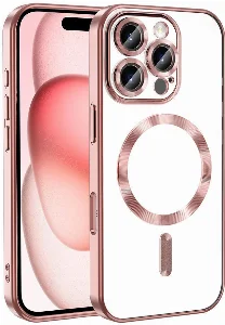 Apple iPhone 16 Pro (6.3) Kılıf Kamera Korumalı Şeffaf Magsafe Wireless Şarj Özellikli Demre Kapak - Rose Gold