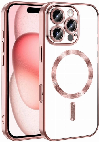 Apple iPhone 16 Pro (6.3) Kılıf Kamera Korumalı Şeffaf Magsafe Wireless Şarj Özellikli Demre Kapak - Rose Gold