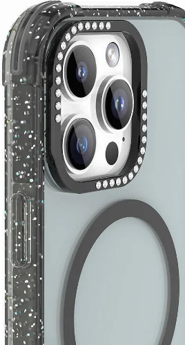 Apple iPhone 16 Pro (6.1) Kılıf Magsafe Şarj Özellikli Taşlı ve Simli Tasarım Mutural Blink Kapak - Siyah