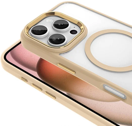 Apple iPhone 16 Pro Max (6.9) Kılıf Wireless Şarj Özellikli Zore Krom Magsafe Silikon Kapak - Gold