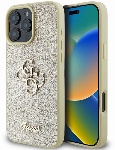 Apple iPhone 16 Pro Max (6.9) Kılıf Guess Orjinal Lisanslı 4G Büyük Metal Logolu Glitter Kapak - Gold