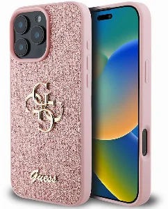 Apple iPhone 16 Pro Max (6.9) Kılıf Guess Orjinal Lisanslı 4G Büyük Metal Logolu Glitter Kapak - Pembe