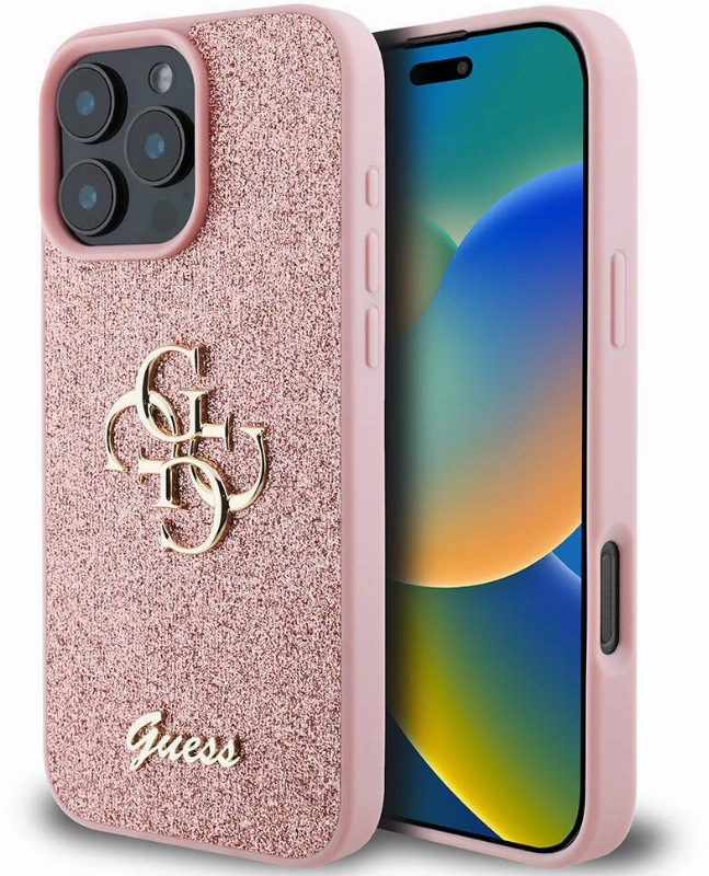 Apple iPhone 16 Pro Max (6.9) Kılıf Guess Orjinal Lisanslı 4G Büyük Metal Logolu Glitter Kapak - Pembe