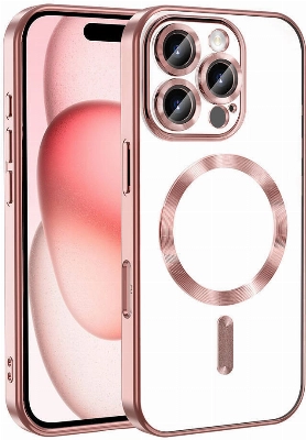  Kılıf Kamera Korumalı Şeffaf Magsafe Wireless Şarj Özellikli Demre Kapak - Rose Gold