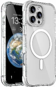 Apple iPhone 16 Pro Max (6.7) Kılıf Magsafe Şarj Özellikli Taşlı ve Simli Tasarım Mutural Blink Kapak - Şeffaf