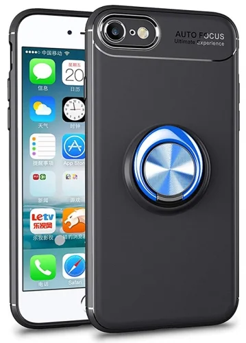 Apple iPhone 6s Kılıf Auto Focus Serisi Soft Premium Standlı Yüzüklü Kapak - Mavi - Siyah