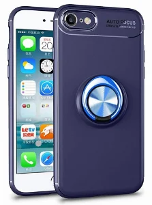 Apple iPhone 7 Kılıf Renkli Silikon Yüzüklü Standlı Auto Focus Ravel Kapak - Mavi