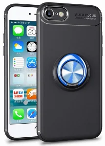 Apple iPhone 7 Kılıf Renkli Silikon Yüzüklü Standlı Auto Focus Ravel Kapak - Mavi - Siyah