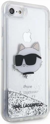 Apple iPhone 7 Kılıf Karl Lagerfeld Sıvılı Simli Choupette Head Dizayn Kapak - Gümüş