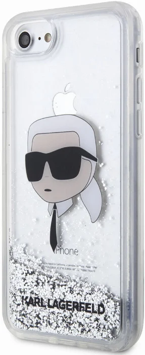 Apple iPhone 8 Kılıf Karl Lagerfeld Sıvılı Simli Karl Head Dizayn Kapak - Gümüş