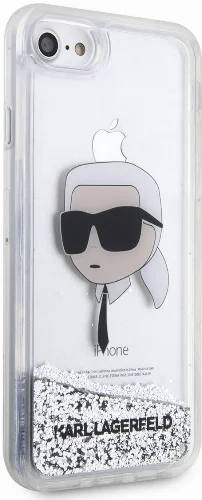 Apple iPhone 8 Kılıf Karl Lagerfeld Sıvılı Simli Karl Head Dizayn Kapak - Gümüş