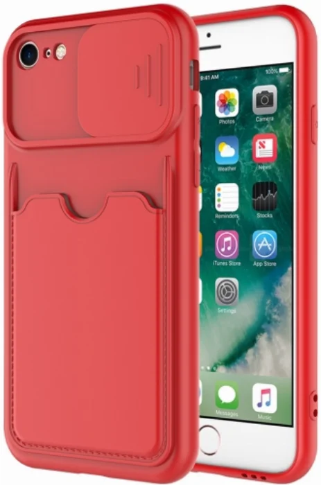 Apple iPhone 8 Kılıf Kartlıklı Lens Korumalı Silikon Kartix Kapak - Kırmızı