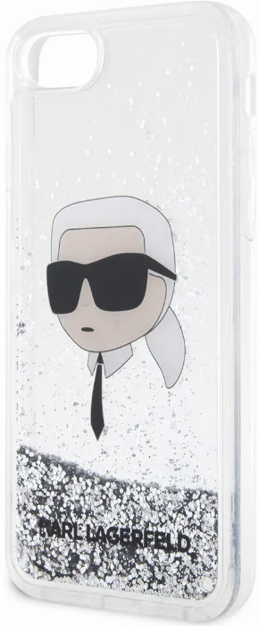 Apple iPhone SE 2020 Kılıf Karl Lagerfeld Sıvılı Simli Karl Head Dizayn Kapak - Gümüş