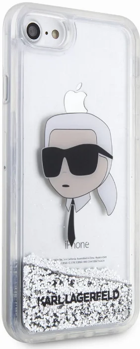 Apple iPhone SE 2020 Kılıf Karl Lagerfeld Sıvılı Simli Karl Head Dizayn Kapak - Gümüş
