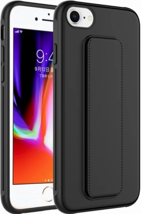 Apple iPhone SE 3 2022 Kılıf Mat Pürüzsüz Standlı Katlanabilir Qstand Kapak - Siyah