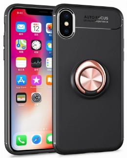 Apple iPhone X Kılıf Renkli Silikon Yüzüklü Standlı Auto Focus Ravel Kapak - Siyah - Gold