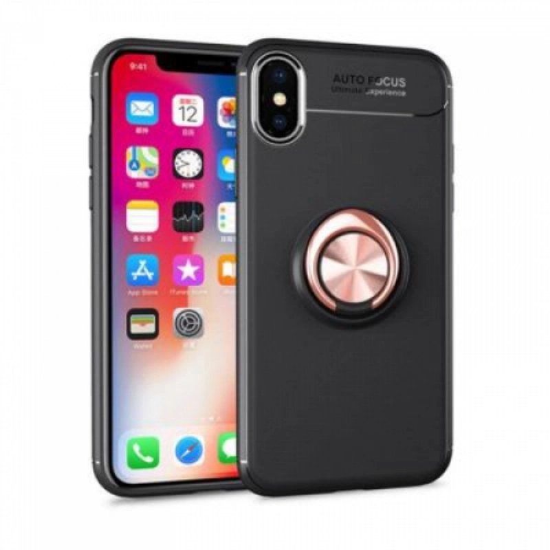 Apple iPhone Xs Max Kılıf Renkli Silikon Yüzüklü Standlı Auto Focus Ravel Kapak - Rose Gold