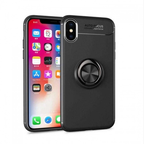 Apple iPhone Xs Max Kılıf Renkli Silikon Yüzüklü Standlı Auto Focus Ravel Kapak - Siyah