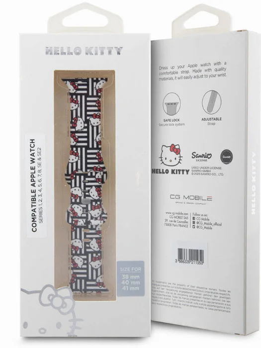 Apple Watch 38mm Hello Kitty Orjinal Lisanslı Çizgiler & Kitty Silikon Kordon - Siyah