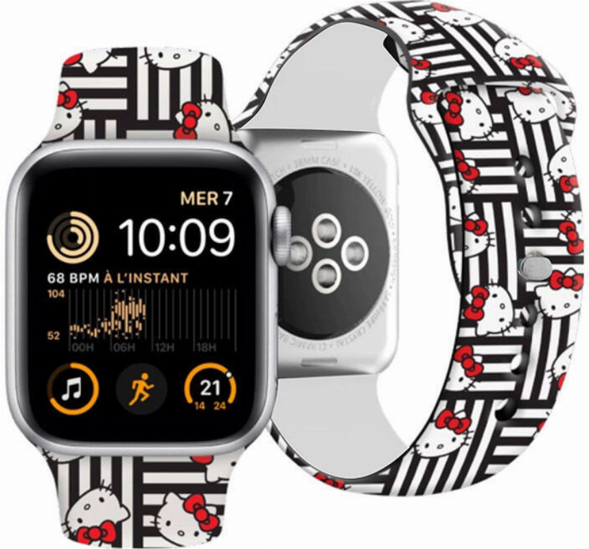 Apple Watch 38mm Hello Kitty Orjinal Lisanslı Çizgiler & Kitty Silikon Kordon - Siyah