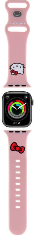 Apple Watch 38mm Hello Kitty Orjinal Lisanslı Yazı Logolu Fiyonk & Kitty Head Silikon Kordon - Pembe