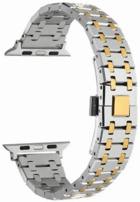 Apple Watch 38mm Kordon Şerit Tasarımlı Otomatik Klipsli Çelik KRD-83 - Gümüş - Gold