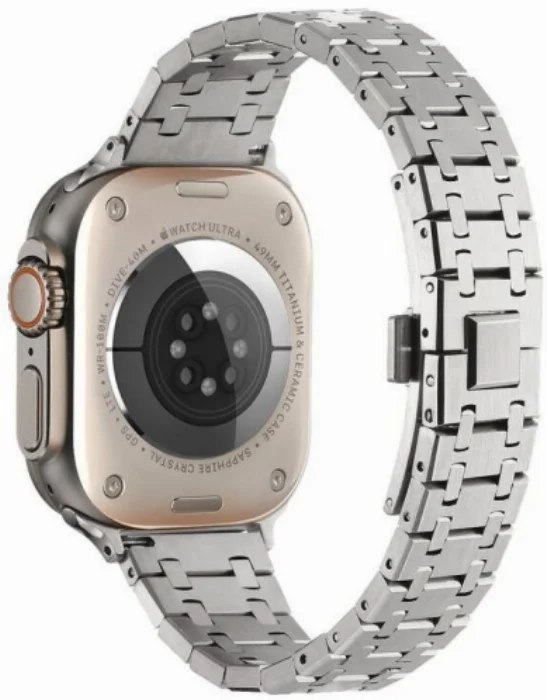 Apple Watch 38mm Kordon Şerit Tasarımlı Otomatik Klipsli Çelik KRD-83 - Gümüş - Gold