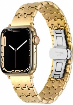 Apple Watch 38mm Kordon Zigzag Tasarımlı Düğme Klipsli Çelik KRD-86 - Gold