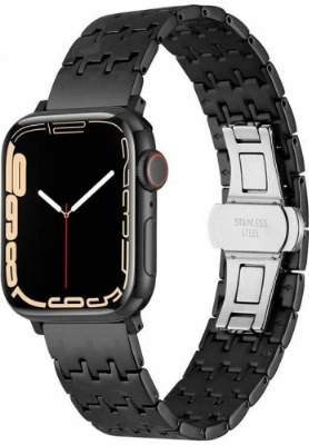 Apple Watch 38mm Kordon Zigzag Tasarımlı Düğme Klipsli Çelik KRD-86 - Siyah