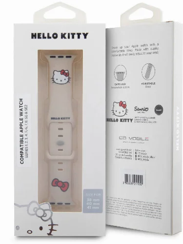 Apple Watch 40mm Hello Kitty Orjinal Lisanslı Yazı Logolu Fiyonk & Kitty Head Silikon Kordon - Mavi